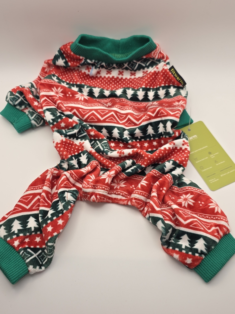 Warm Christmas Fair Isle Dog Pajamas in Red, Green & White